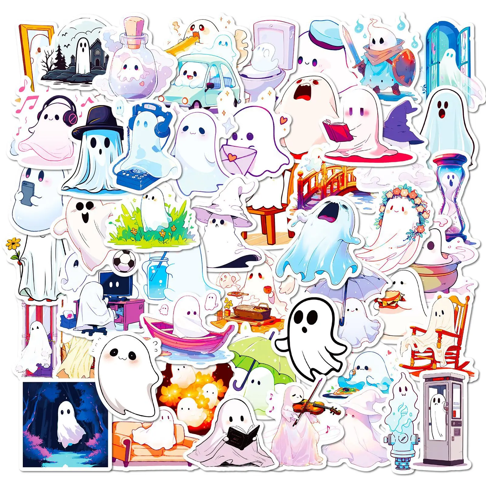 

50Pcs Cartoon White Ghost Series Graffiti Stickers Suitable for Laptop Helmets Desktop Decoration DIY Stickers Toys Wholesale