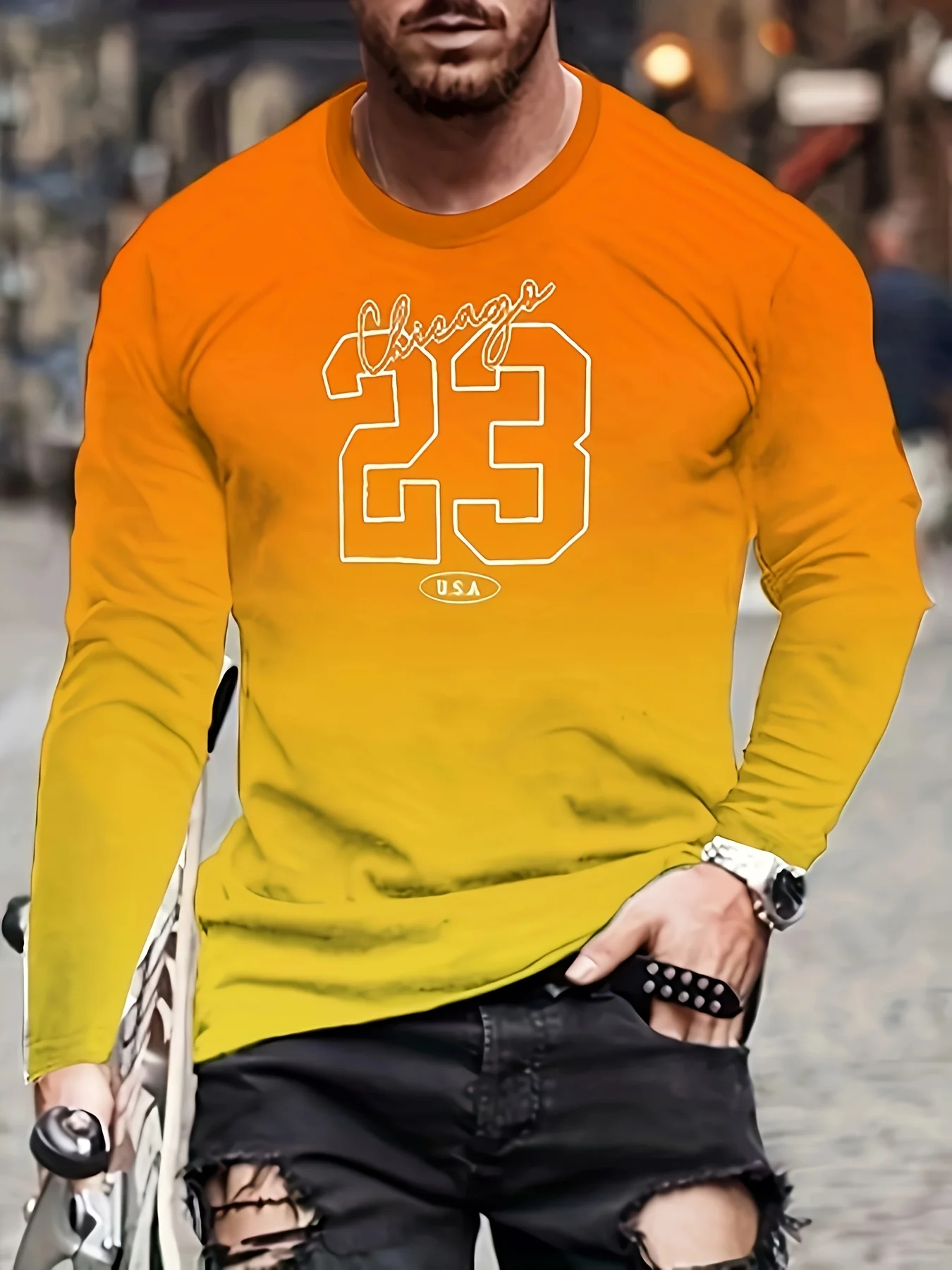 Men's Gradient Graphic Long-sleeved T-shirt, Casual And Sporty Printed Crew Neck Top, Suitable For Spring And Autumn