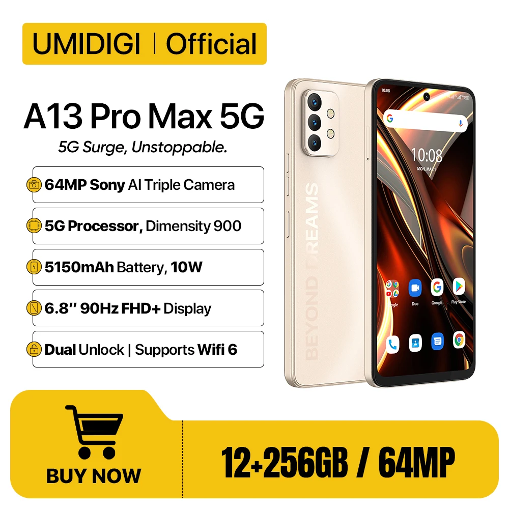 재고 UMIDIGI A13 프로 맥스 5G 스마트폰, 12GB + 256GB 디멘시티 900, 90Hz 6.8 인치 FHD + 디스플레이, 64MP 트리플 카메라 5G 휴대폰