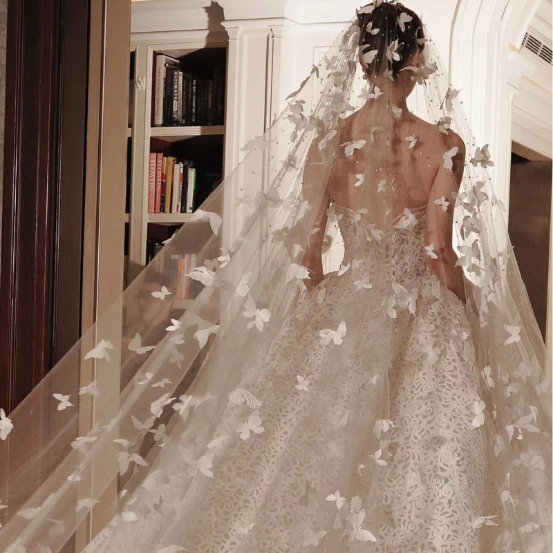 

1pc Romantic Butterfly Pearl Beaded Wedding Veil without Comb Luxury Super Long Cathedral Bridal Veil Marriage Accessories