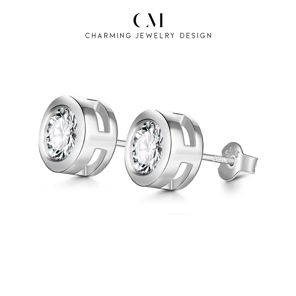 CHARMING Classic Casual Round Moissanite Stud Earring 925 Sterling Silver forWomen Party Gifts Daily Jewelry Wedding Anniversary