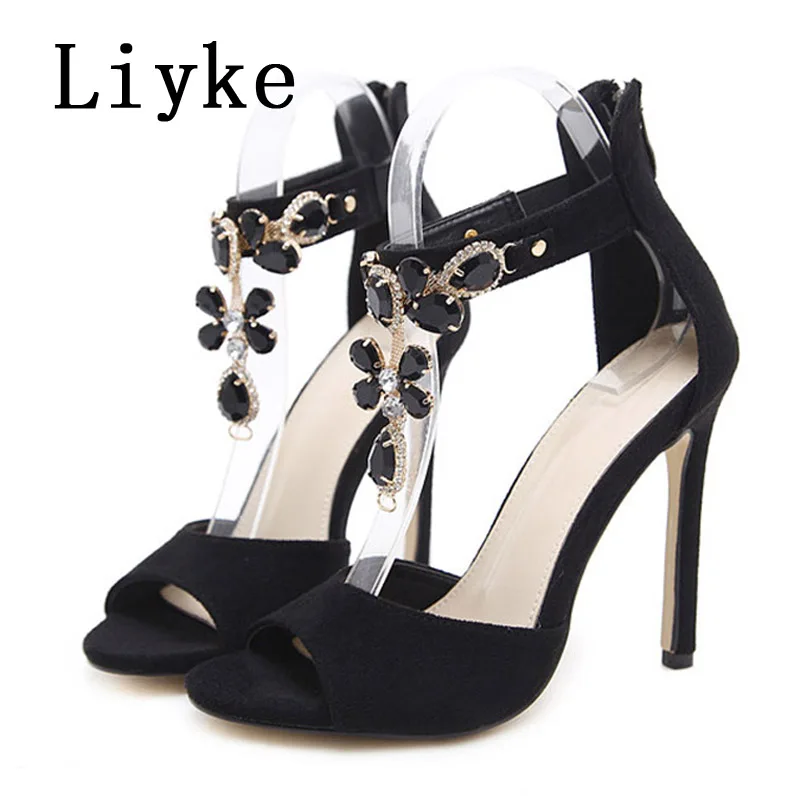 Liyke Women Sexy 11.5CM Stiletto Sandals Street Fashion Gemstone Ankle Zip Cover Strap High Heels Sexy Peep Toe Party Dress Shoe