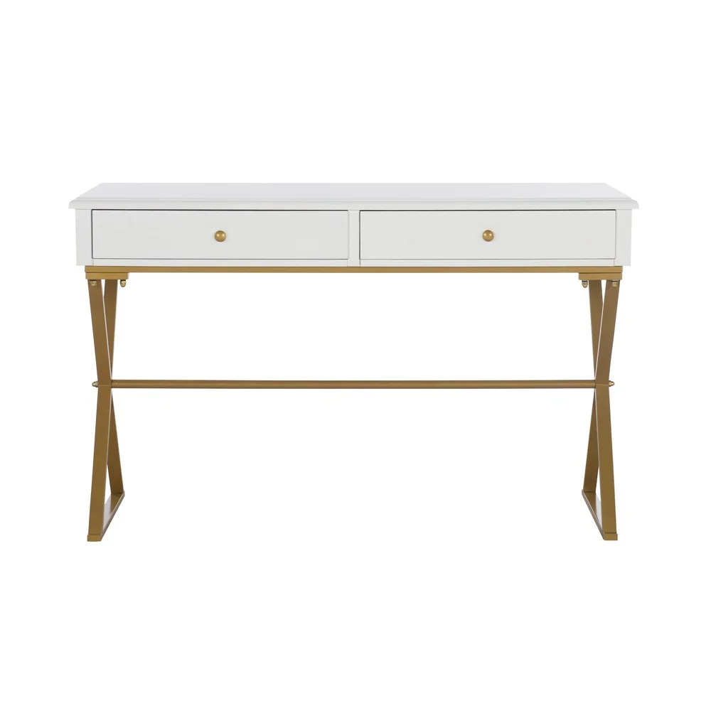 Modern Two-Drawer Campaign Desk Metal Frame with Brass Finish Stylish Writing Desk Perfect Home Office