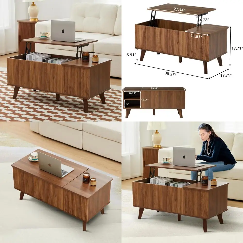 طاولة قهوة مستطيلة معاصرة بتصميم مخدد، وقاعدة رفع وحجرة تخزين سرية #1