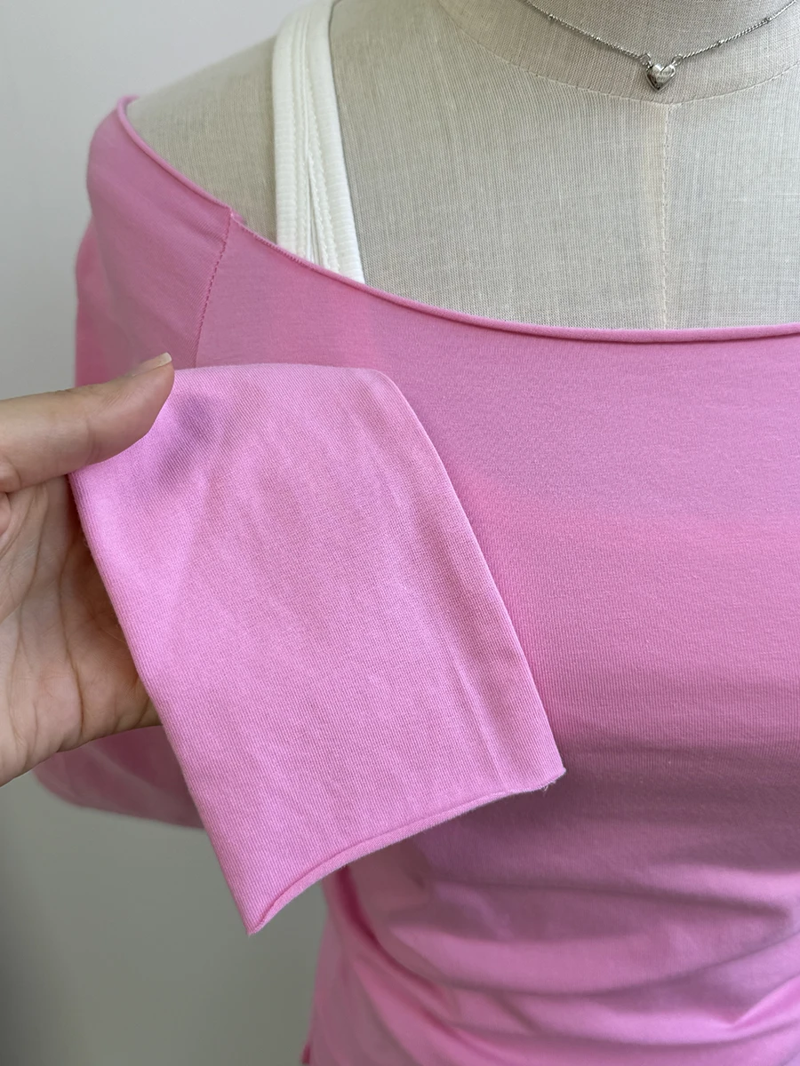 Camisetas de manga larga con dobladillo crudo rosa para mujer, Tops cortos informales de algodón ajustados con cuello redondo, camisetas bonitas Vintage dulces para mujer