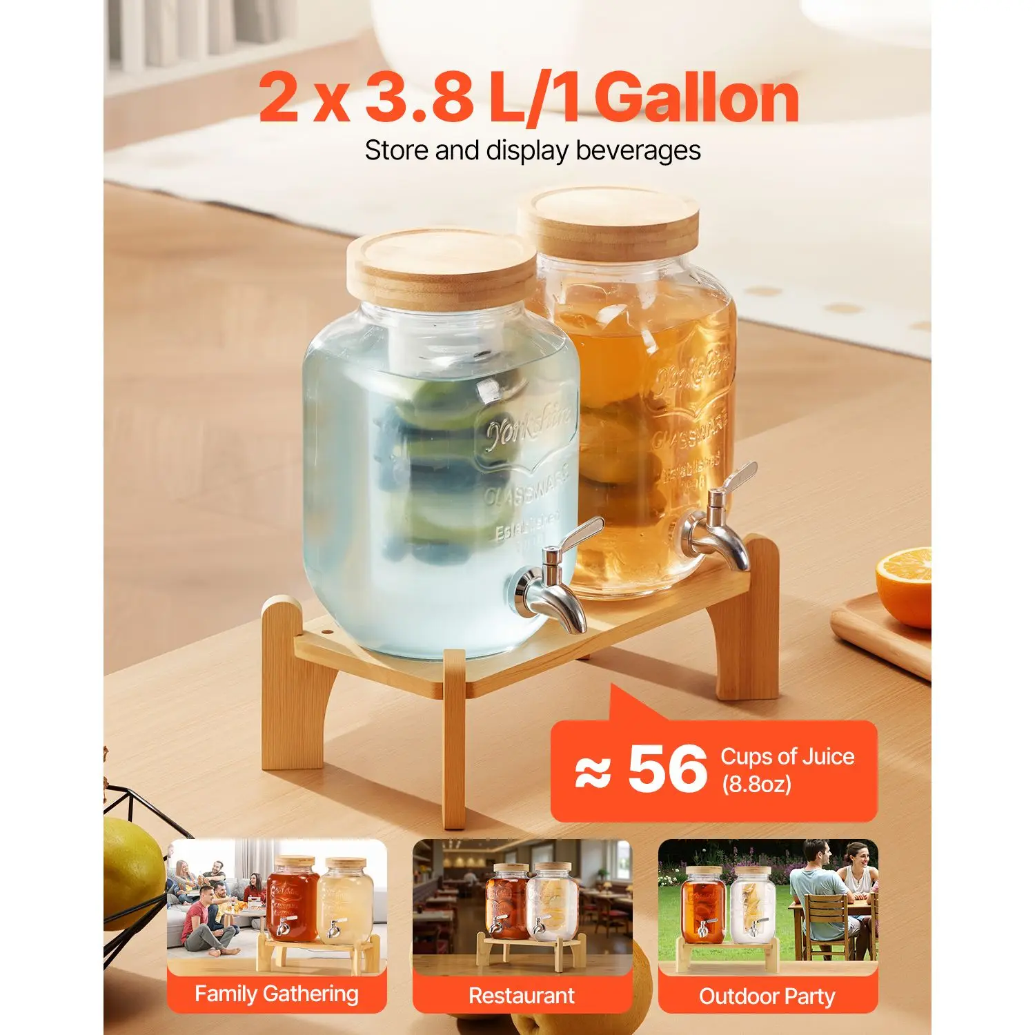 Beverage Dispenser, 2 Pack 1 Gallon Drink Dispensers for Parties, Glass Juice Dispenser with Wood Stand, Stainless Steel Spigot, Infuser, Iced Tea Lemonade Juice Water Dispensers for Parties view 3
