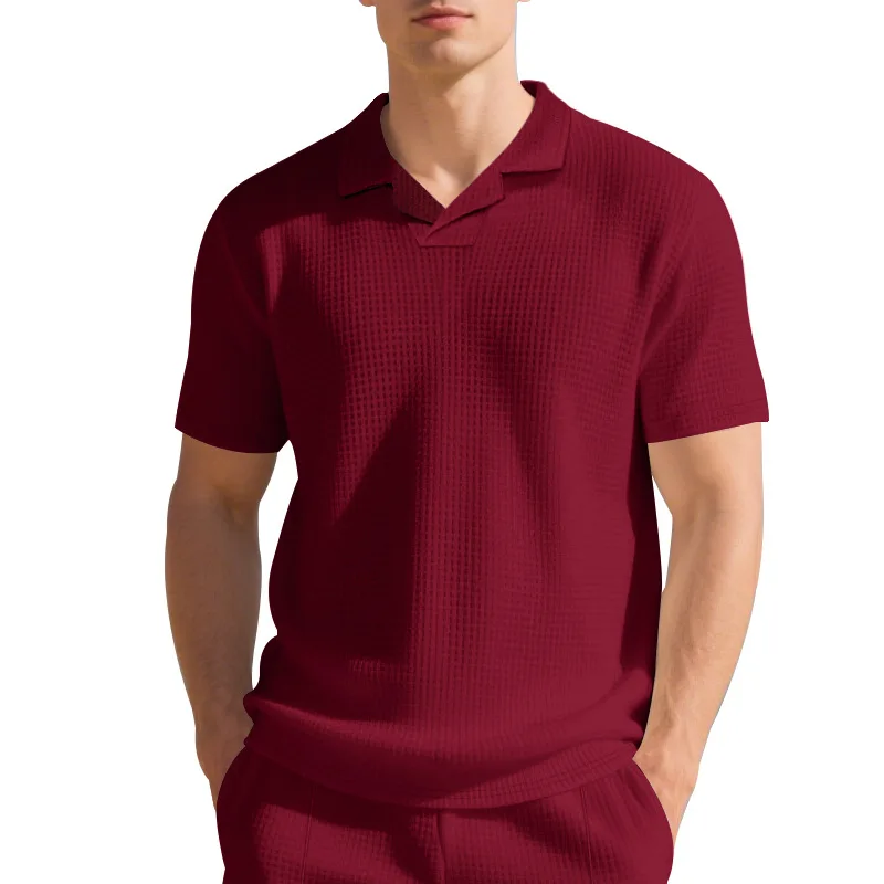 Summer Men's Fitness Sports Casual Turn-Down Collar Waffle Polo Shirt Men's Pure Color Loose Jogging Short Sleeve T-Shirt tops