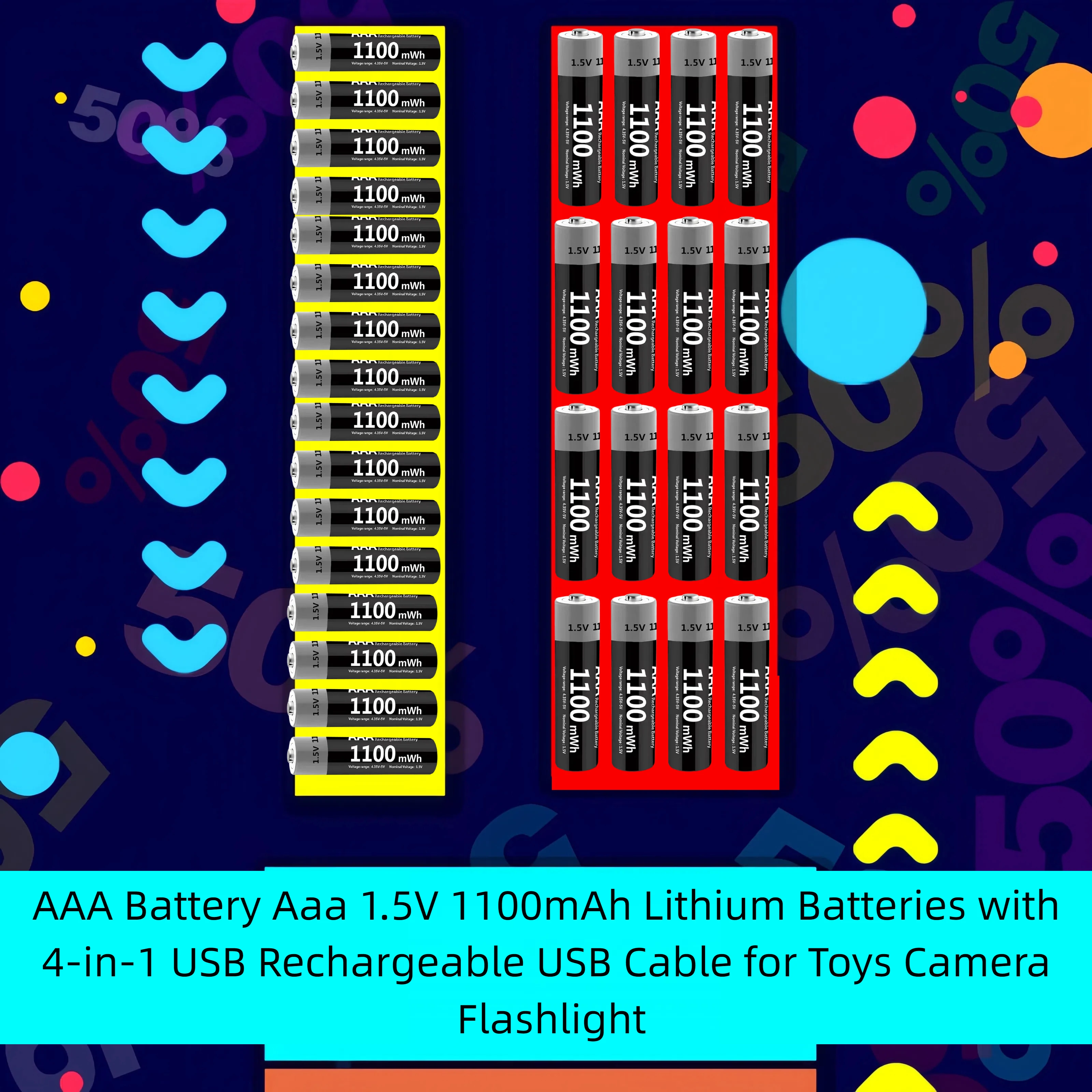 

AAA Battery Aaa 1.5V 1100mAh Lithium Batteries with 4-in-1 USB Rechargeable USB Cable for Toys Camera Flashlight