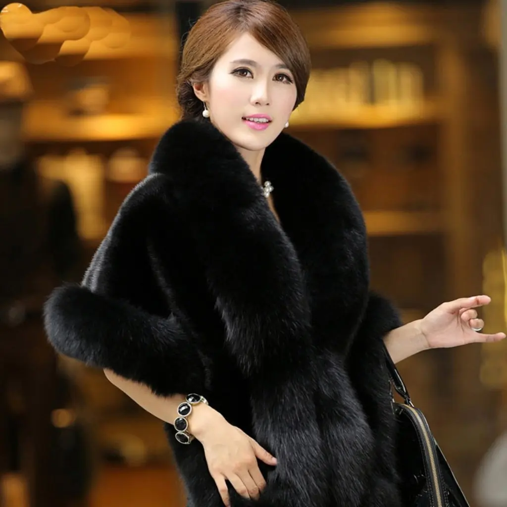 

Women's Faux Fox Fur Shawl European American Style Wedding Cape Thick Warm Rabbit Fur Wrap for Ladies