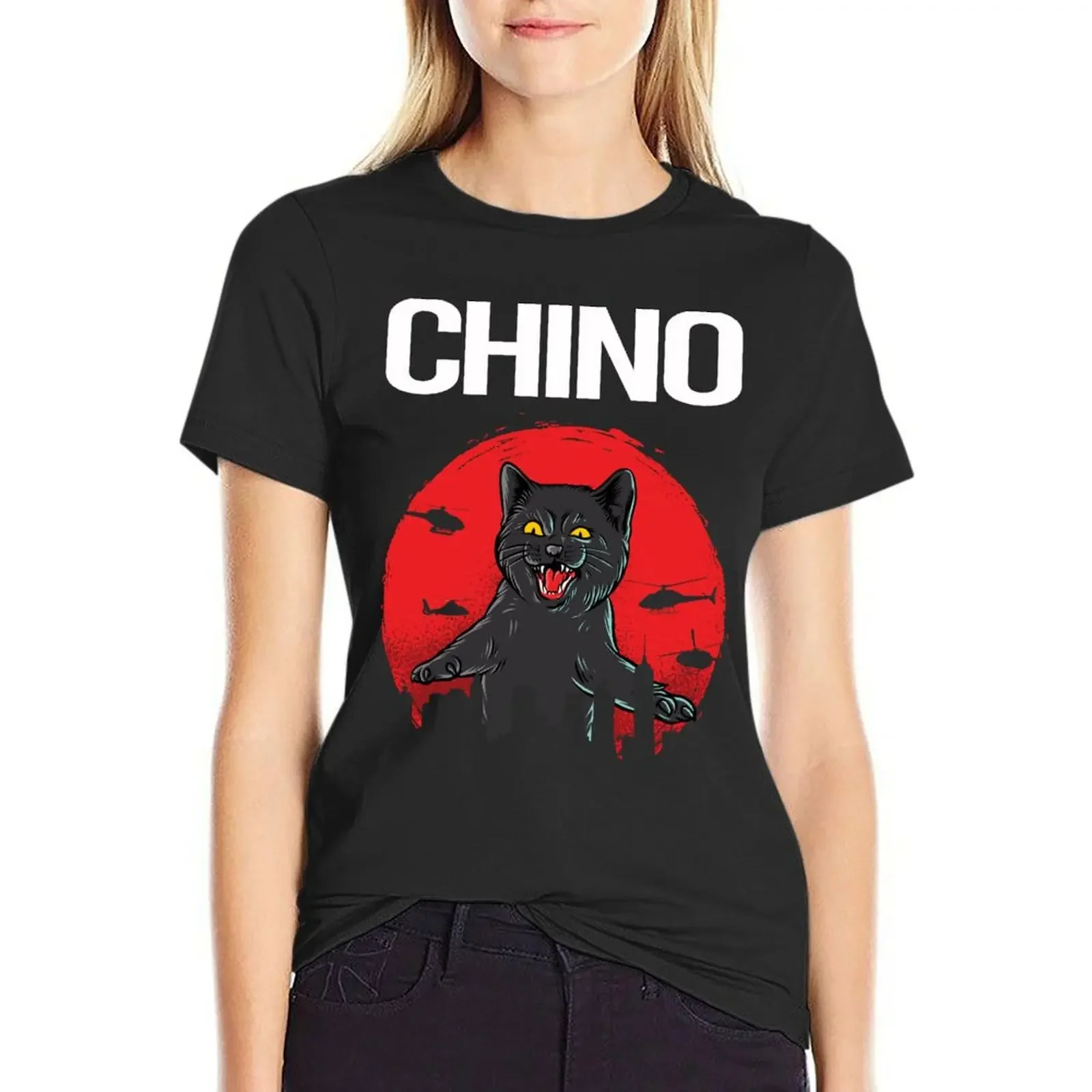 

Black Cat Chino T-Shirt Female clothing vintage lady clothes Women's tee shirt