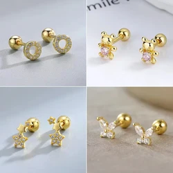 Korean Fashion Pink Zirconic Bear Screw Earrings For Women Girls Cute Animal Cartilage Helix Tragus Ear Piercing Jewelry Gift