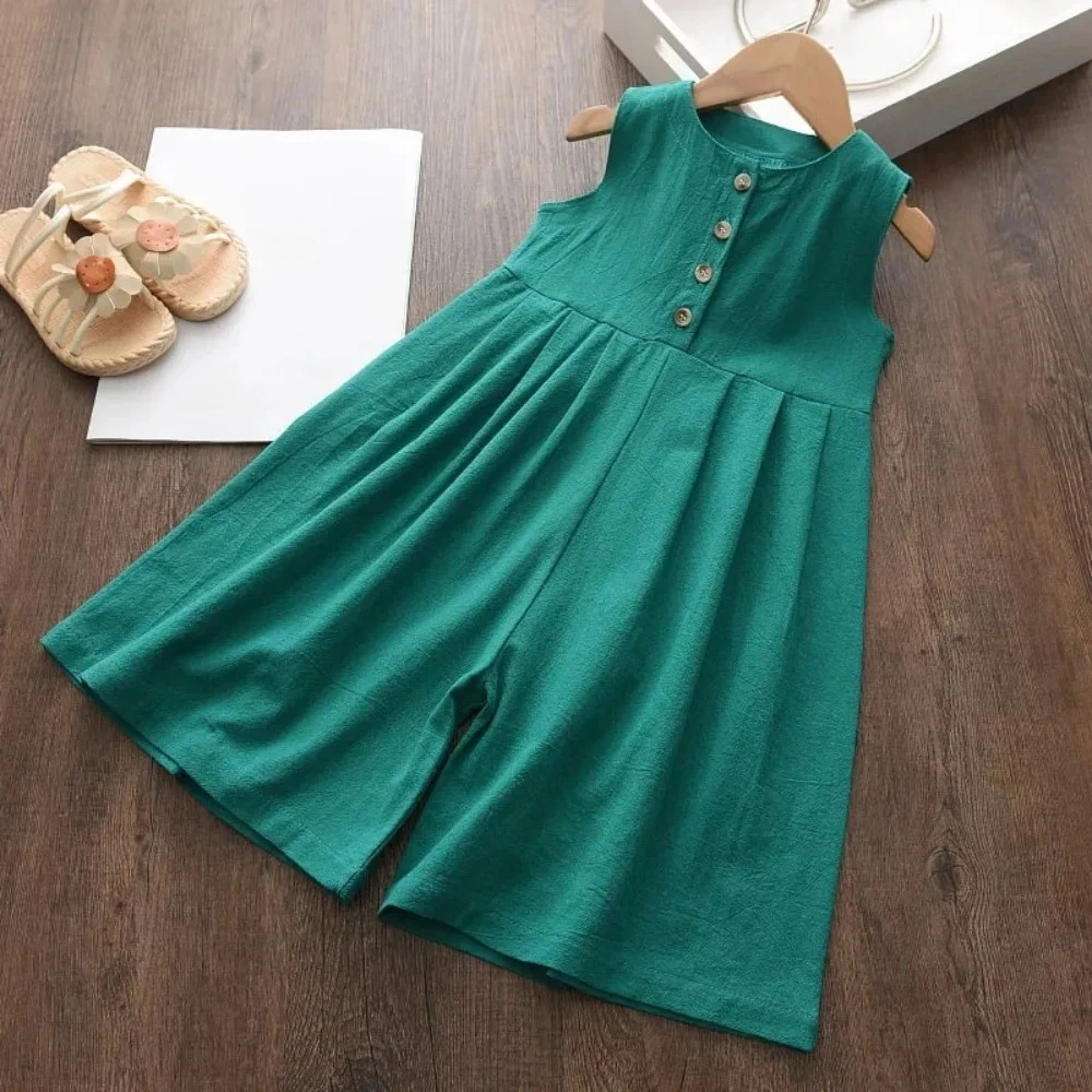 Summer Girls Casual Solid Color Clothes 3-7 Years Children Sleeveless O-Neck Loose Jumpsuit 1 Pc Fashion Simple Wear