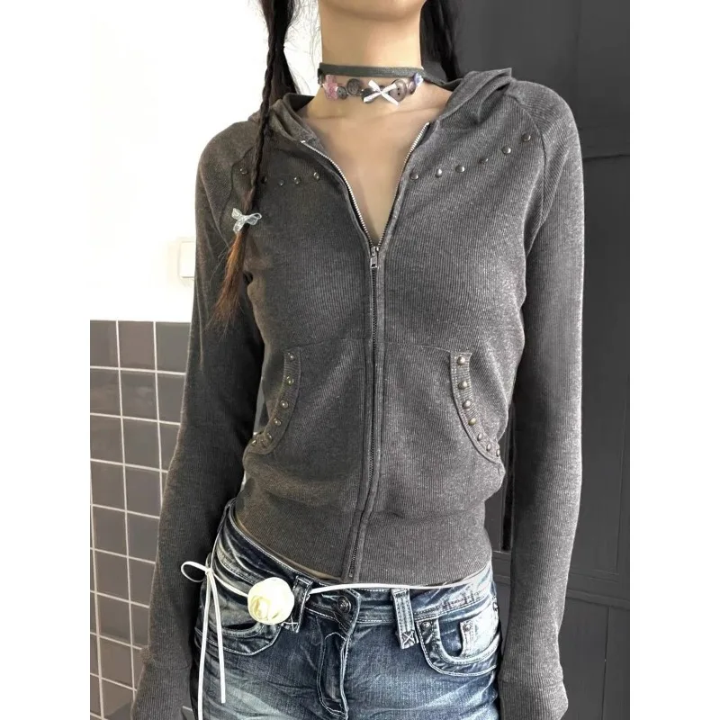 Deeptown Gray American Retro Women Knit Cardigan Zip Up Hooded Rivet Pockets Sweater Long Sleeve Slim Streetwear Hoodies Autumn