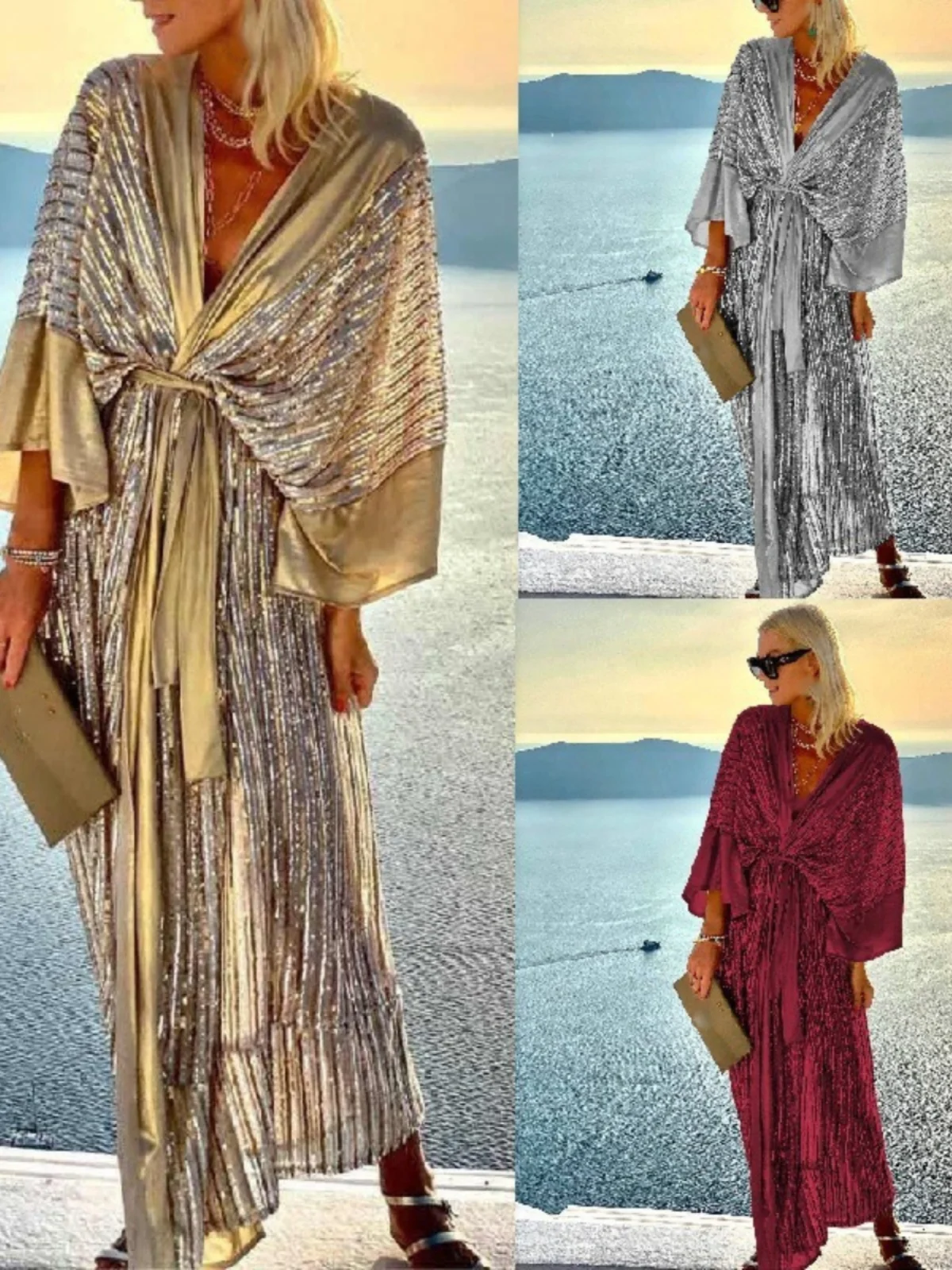 الديكور سترة مفتوحة Batwing Sve Par Dr رداء الربط ملابس خارجية عادية Sle منتصف الخصر الترتر طويل Sve فستان صيفي