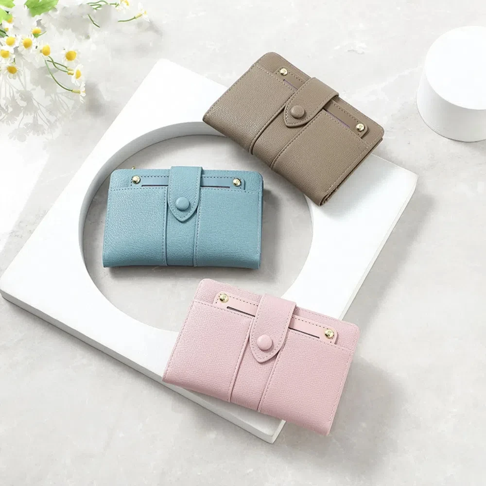 

Fashion Zipper Short Wallet Rivet Solid Color Card Holder PU Leather Money Bag Women