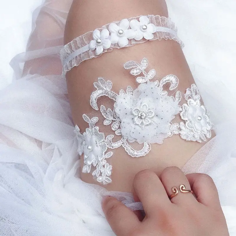 2Pcs/Set Womens Bridal Stretch Wedding Thigh Rings Embroidery Flower Faux Pearl Dropshipping