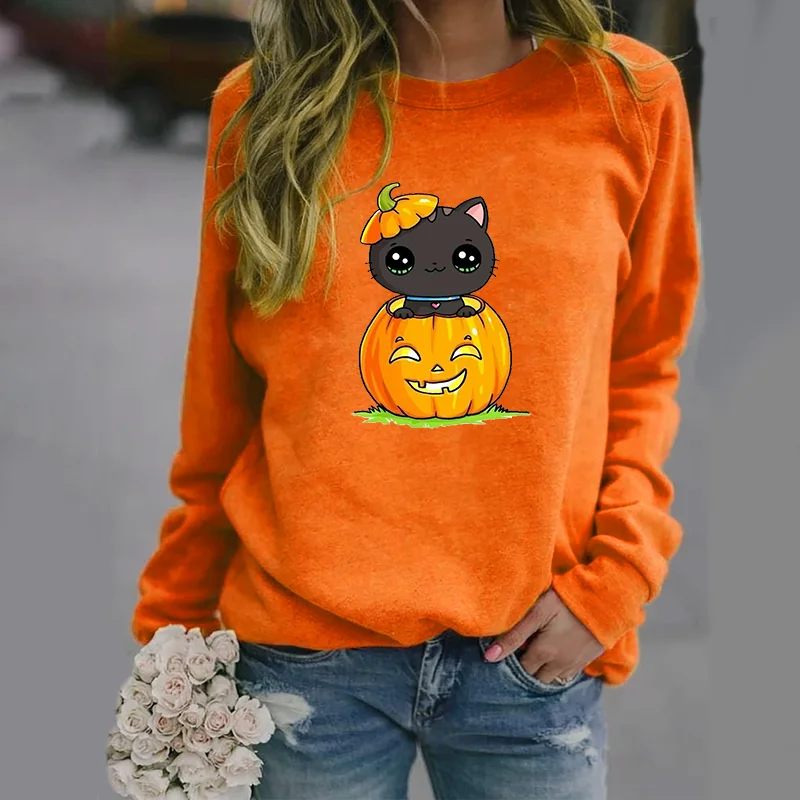 New Women's Halloween Pumpkin Cat Pattern Pullover Outdoor Long Sleeve Round Neck Sweatshirt Cute Cat Top