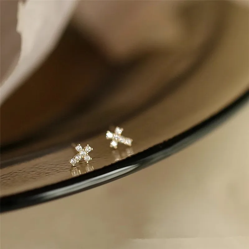 

925 Sterling Silver Plated 14k Gold Korean Style Exquisite Cross Zircon Stud Earrings For Women Jesus Church Wedding Jewelry
