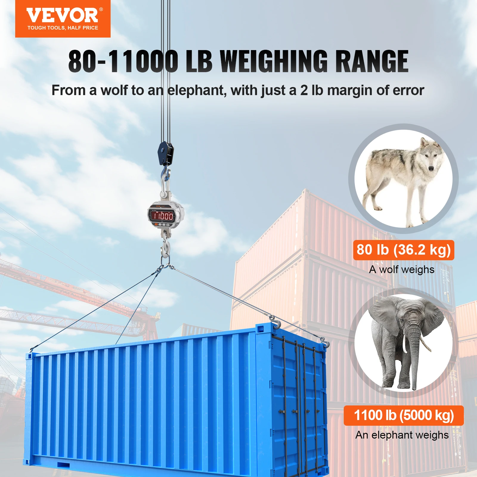 VEVOR 1000/3000/5000 kg Digital Crane Scale Industrial Heavy Duty Hanging Scale with Remote Control LED Screen for Construction