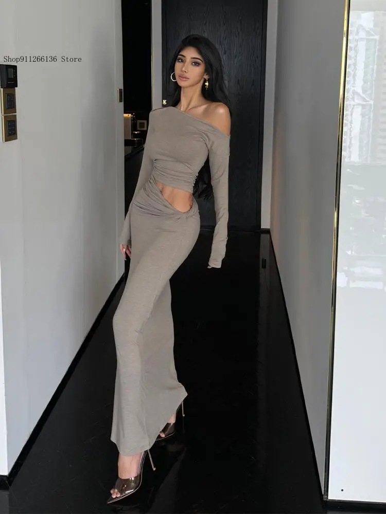Autumn Women's Two Piece Set Spicy Girl High Street Irregular Leakage Shoulder Sexy Cinching Waist Skirt
