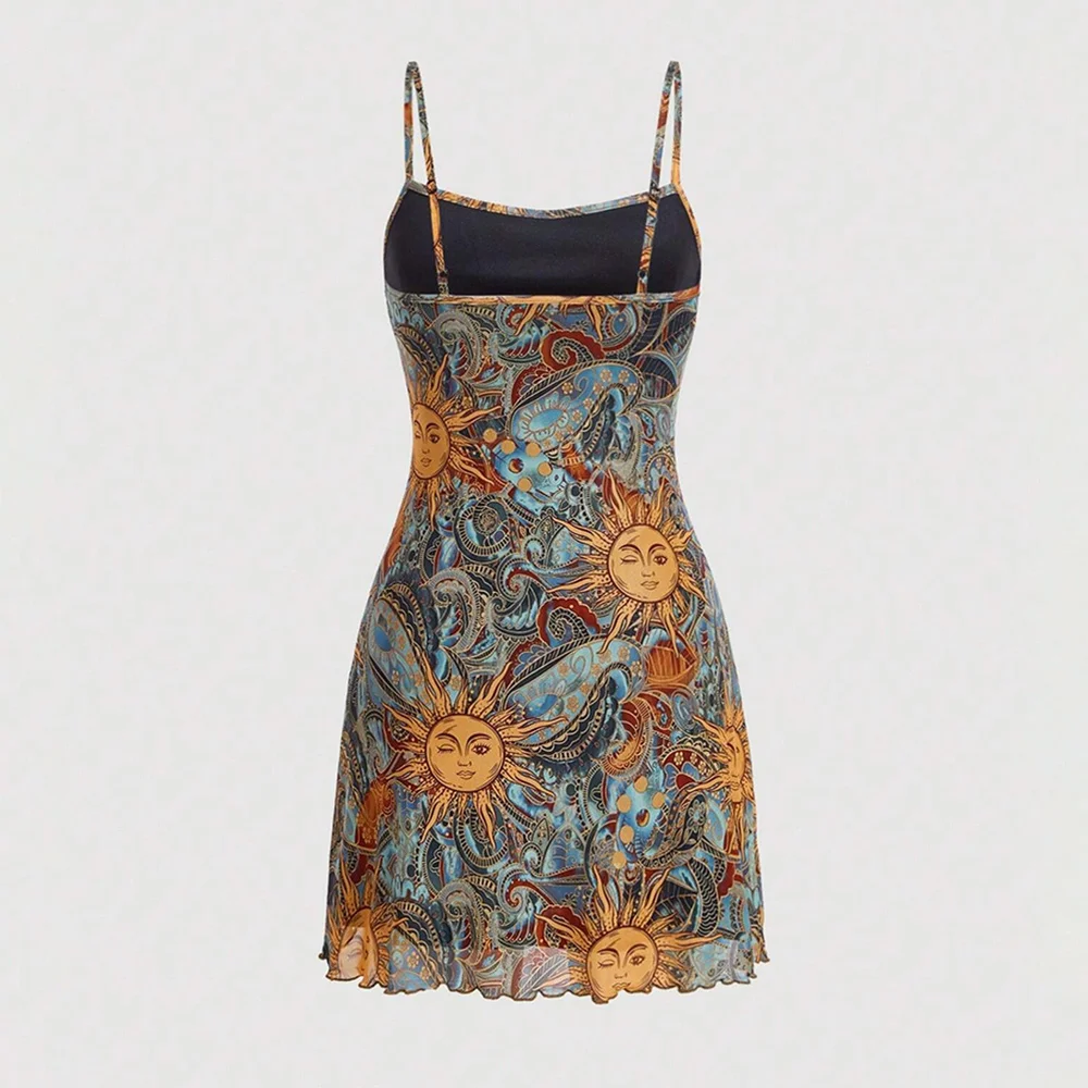 Dreeses Summer Fashion Hotsweet Graphic Print Design Sleeveless Square Neck Mini Casual Cami Milkmaid Women's Dresses