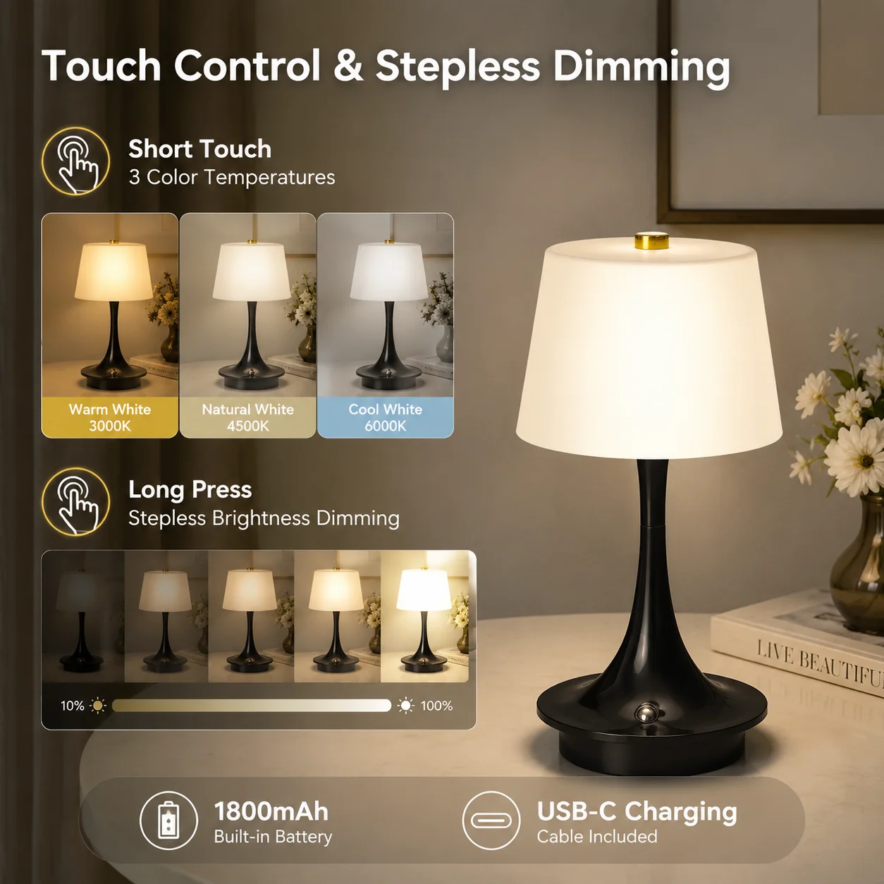 Rechargeable Table Lamp 1800mAh Battery LED Bedside Lamp USB-C Charging Touch  Lamp for Bedroom Living Room Restaurant Decor