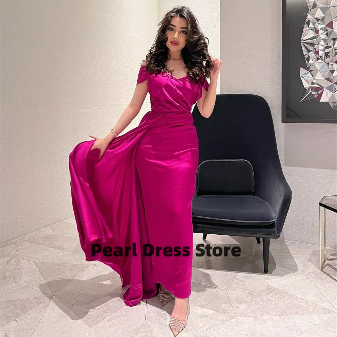 

Long purple red satin evening dress with pockets, tight fitting off shoulder and ankle women's wedding guest dress