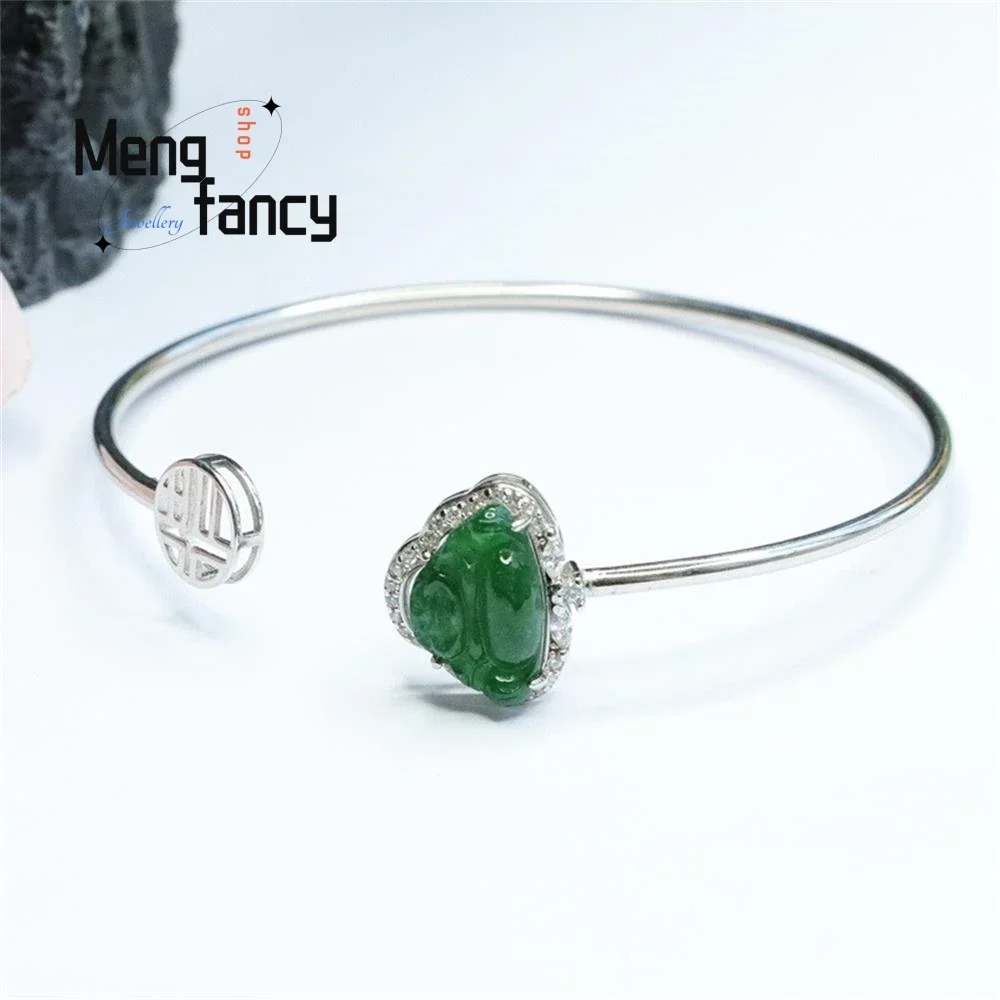 S925 Silver Lnlaid Ice Jadeite Buddha Jade Imperial Green Bangle Exquisite Elegant Simple High-grade Luxury Quality Fine Jewelry