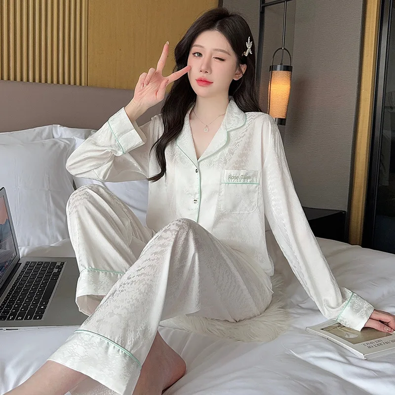 Women Girl Ice Silk Pajamas 2piece Set 26 Summer Autumn Long-sleeve Pants Cardigan High-end Jacquard Nightgown Sleepwear