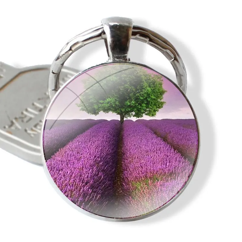 lavender Purple flowers Keychain Handmade Glass Cabochon Key Ring Holder Pendant Key Chains image 5