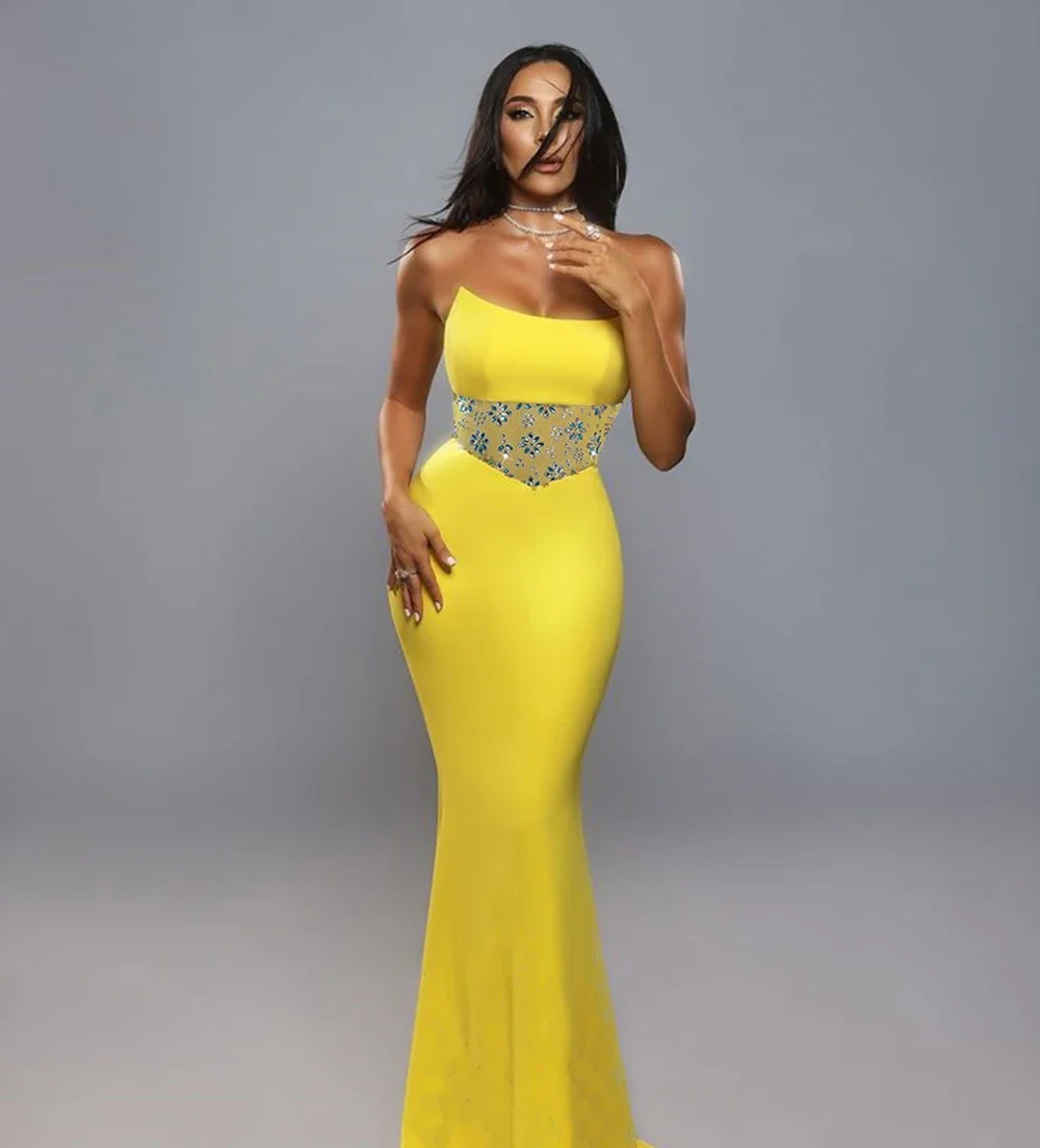 

New Women'S Yellow Sexy Strapless Sparkling Diamond Mermaid Long Bandage Dress Elegant Celebrity Party Evening Dress