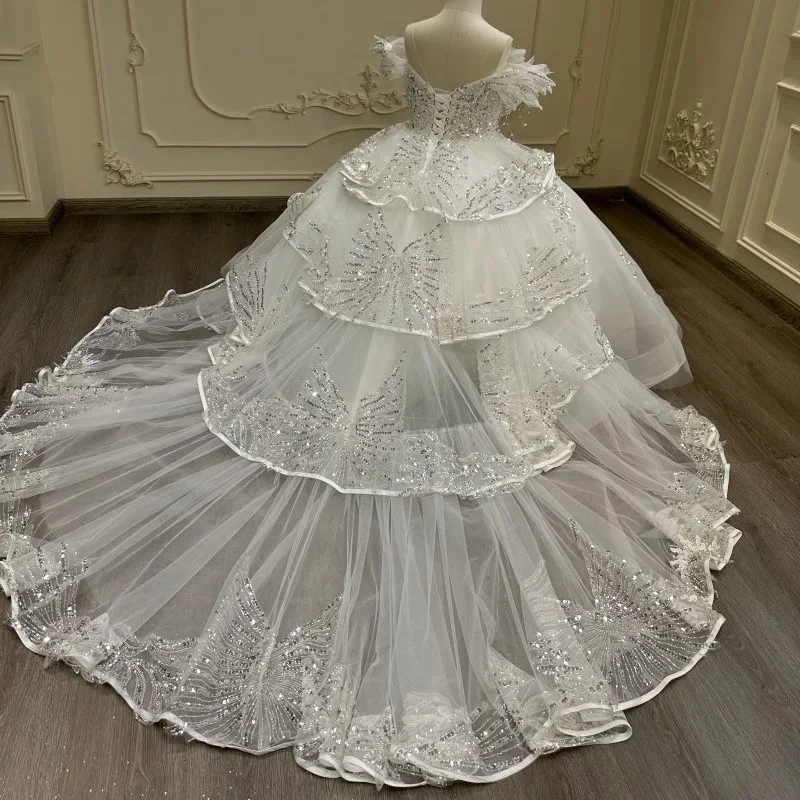 Vestido de noiva branco para crianças, cauda bonito e lindo