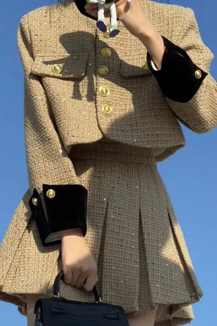 

​​Tweed Pleated Skirt Suit Set Women's Private School Prep Texture Exclusive Designer Style Chic Spring Fall Two Piece​​