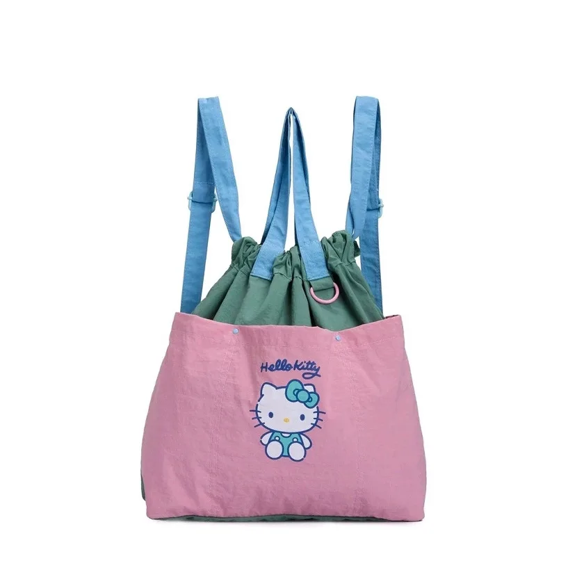 

Sanrio Hello Kitty Nylon Hand-held Backpack Cute Cartoon Kuromi Pattern Contrast Light Commuting Travel Bundle Pocket Backpack