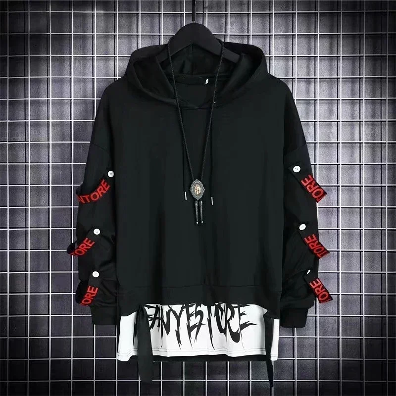 

Spring Men's Hoodie Sweatshirt Casual Black Gothic Darkwear Hoodies Tops Techwear Hip Hop Harajuku Patchwork Streetwear Men 3XL