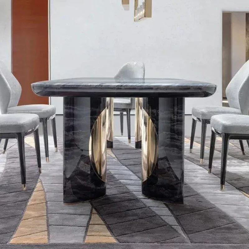 Mesa de jantar retangular de mármore de luxo leve e combinação de cadeiras para casa mesa de jantar italiana de alta qualidade em placa de rock