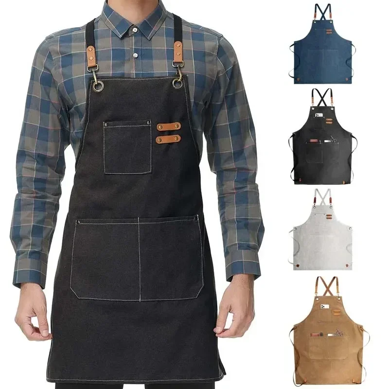 Kitchen Household Cooking Canvas Apron Can Wipe Hands Men Women Adult With Tool Pockets Oil-proof Waterproof Fashion Coffee Over