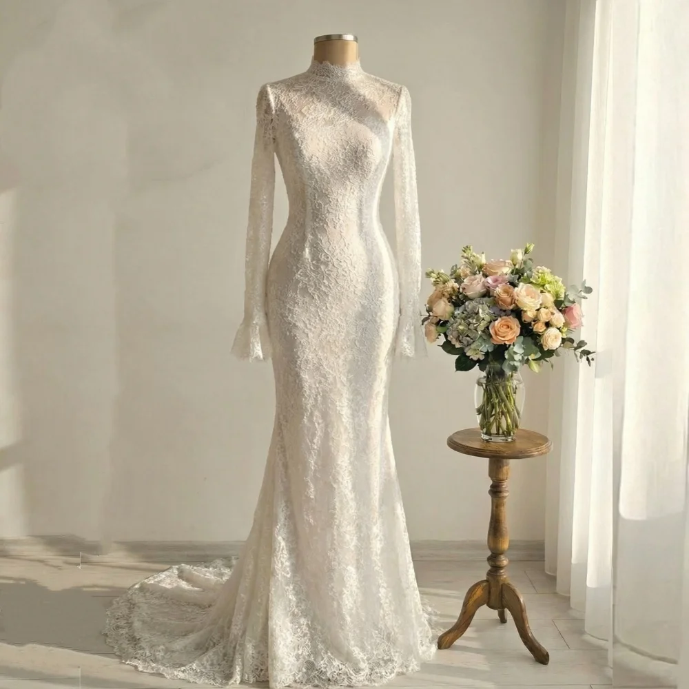 Maßgeschneidertes klassisches Spitzenkleid mit hohem Kragen für Hochzeiten und Partys, Meerjungfrauen-Stil, bodenlang, maßgeschneidert für formelle Anlässe