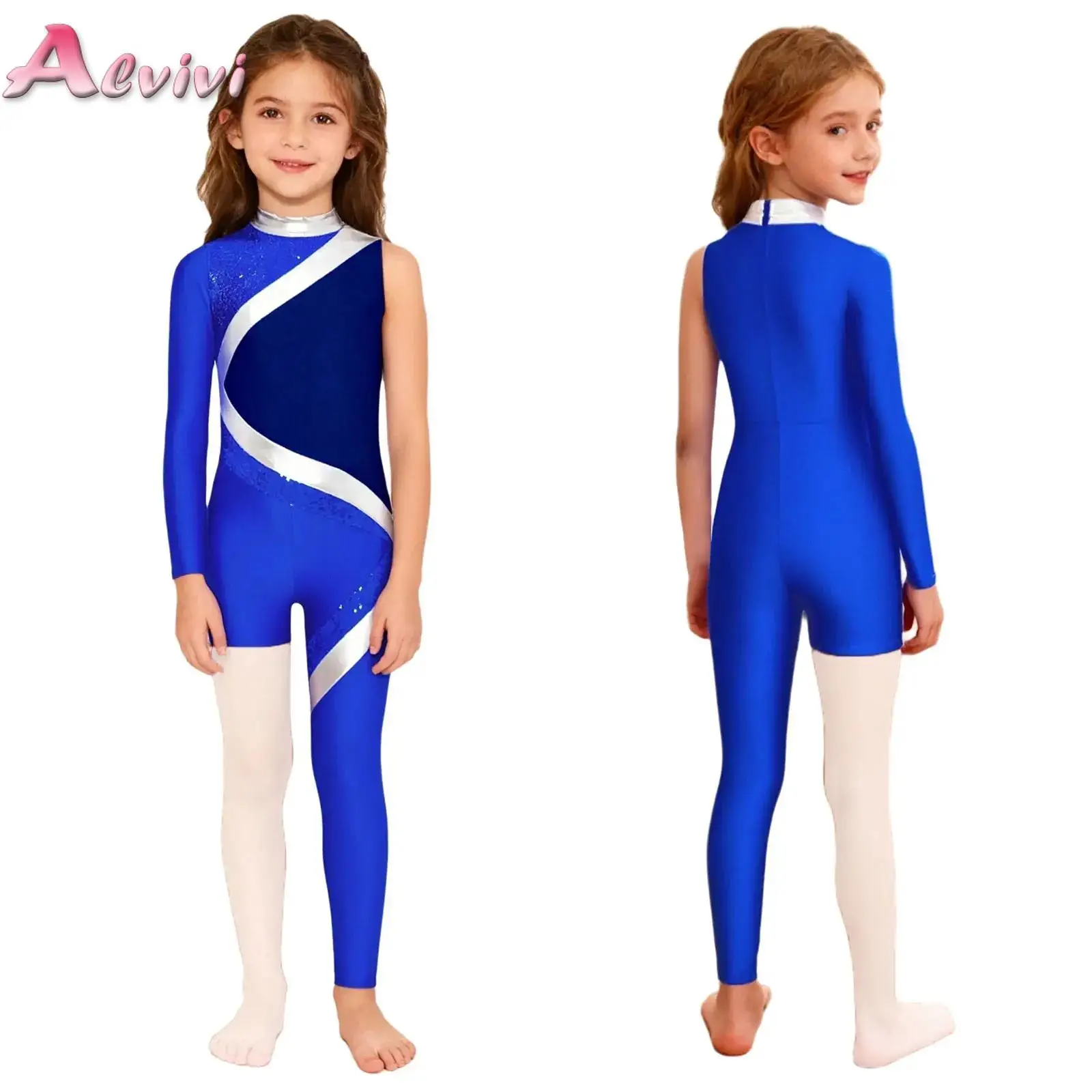 

Kids Girls Gymnastics Ballet Tights Leotards Shiny Sequins Figure Skating Asymmetrical Jumpsuit Ballet Jersey Dance Costume
