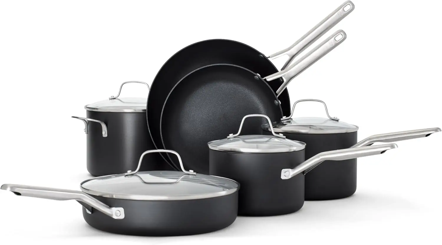 

Hard-Anodized Nonstick 10-Piece Cookware Set,Stay-Cool Handles: Long stainless steel handles keep cool on stovetops