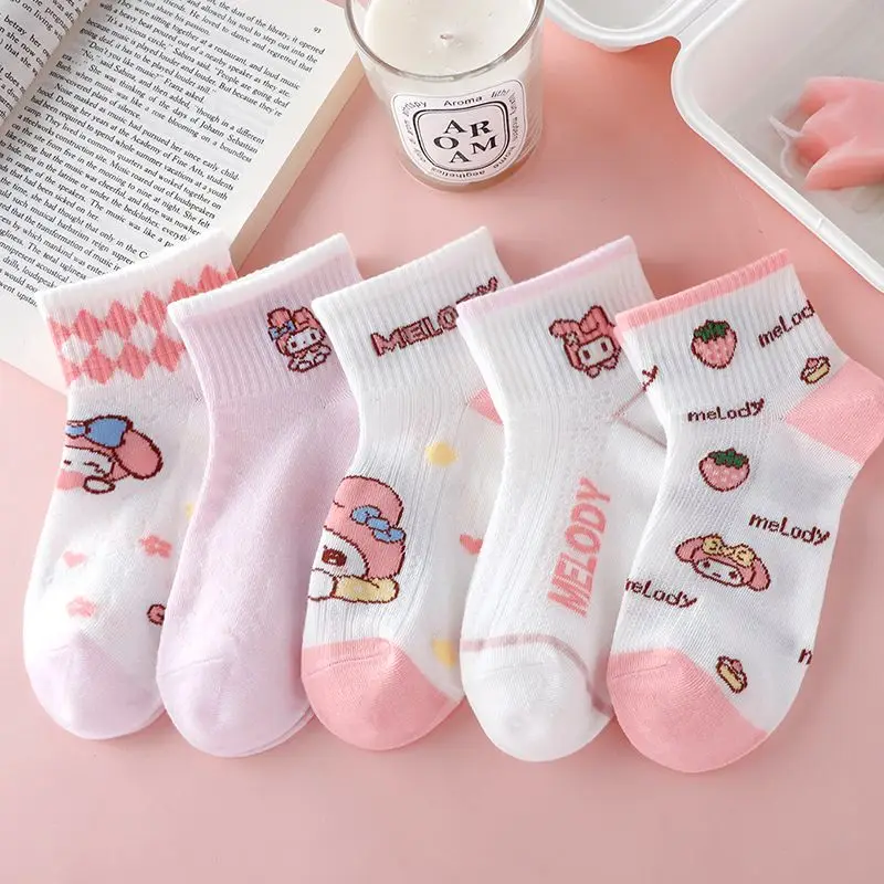 

5Pairs Sanrio Melody Cotton Socks Summer Thin Lace Mid-calf Socks Cartoon Girls Mesh Breathable Socks Breathable 3-13years