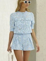 Mozision Blue Print Shorts Two Piece Sets Women Fashion Embroidery Short Sleeve Button Shirts And Shorts Fashion Set Outfits