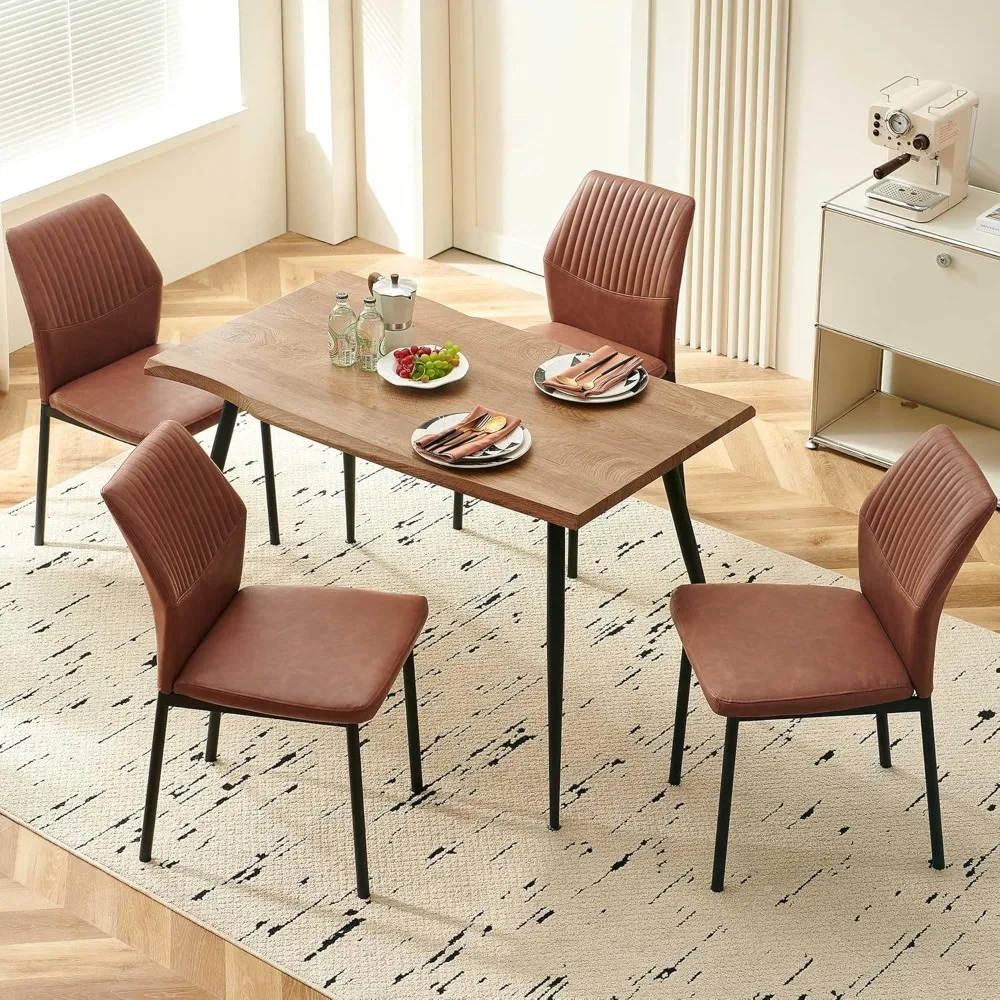 مجموعة كراسي تناول الطعام الحديثة في منتصف القرن مكونة من 4 قطع، جلد PU بني منجد، كراسي غرفة معيشة مريحة بأرجل معدنية