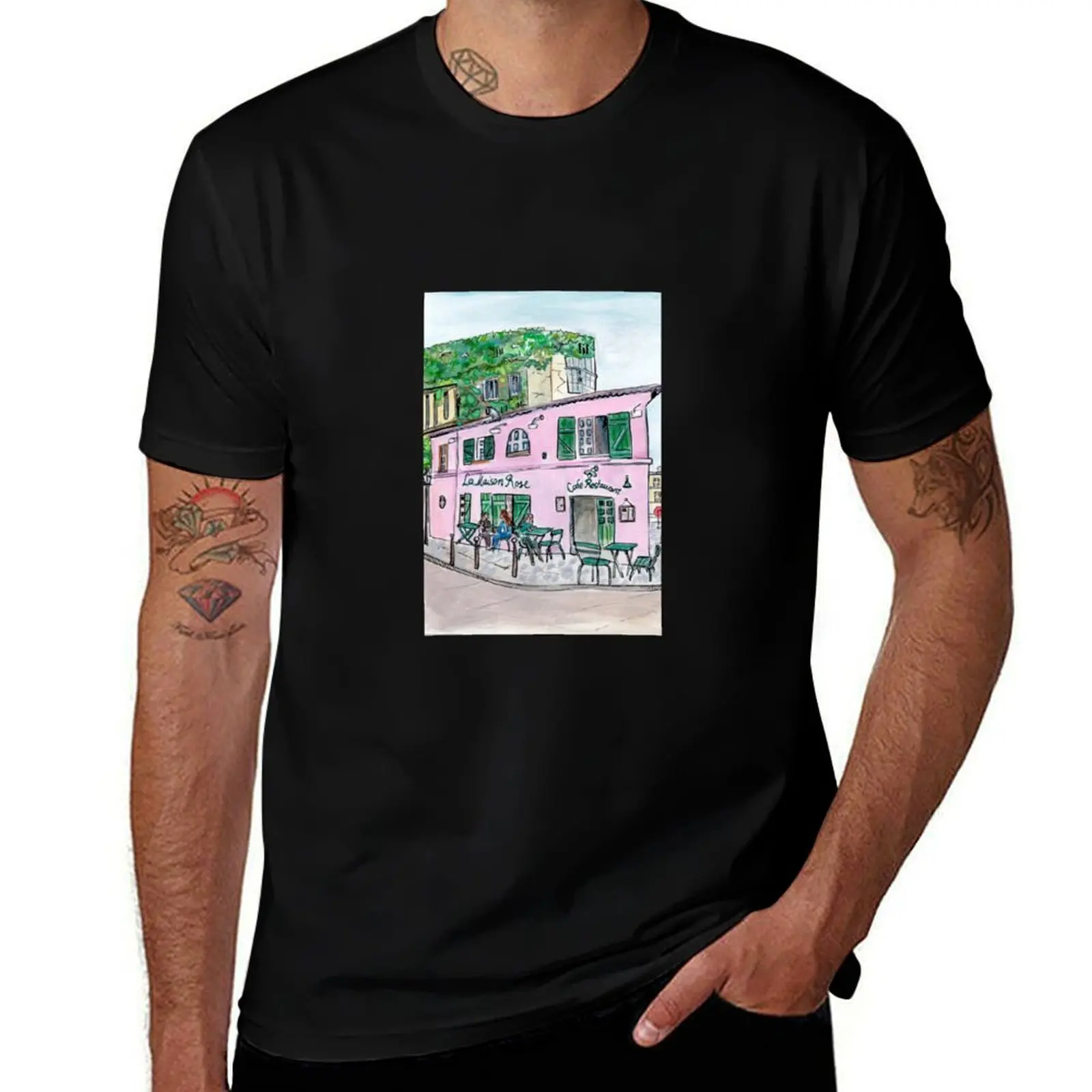 

La Maison Rose French water color print Paris Montmartre travel art T-Shirt cotton man t-shirts sweat customs sweat shirts, men