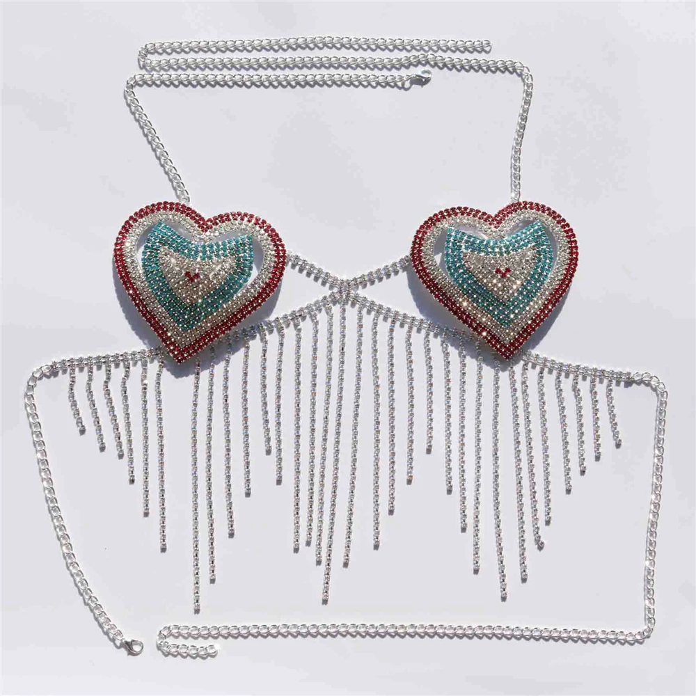 Handmade Big Heart Tassel Body Chain Jewelry Bra New Bohemian Beach Sexy Chest Chain Lingerie Exotic Stripper Accessories