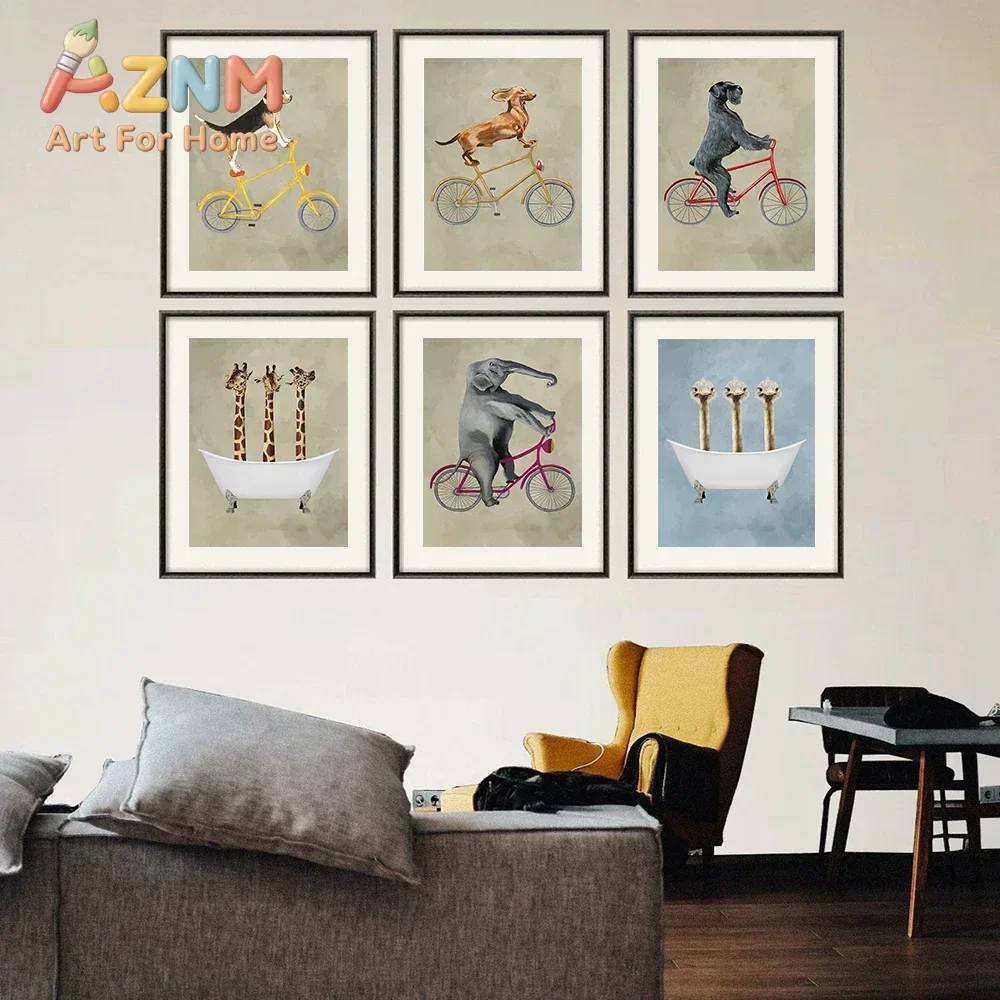 AZNM Funny Animal Canvas Wall Art Dog Elephant Giraffe Ostrich Riding Bicycle Bathtub Humor Art Print Unframed Canvas Poster for