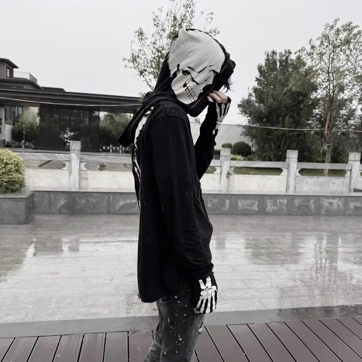 Spring and Autumn New Subculture Gothic Style Men's Skull Skeleton Print Black Zipper Casual Hooded Sweatshirt Jacket