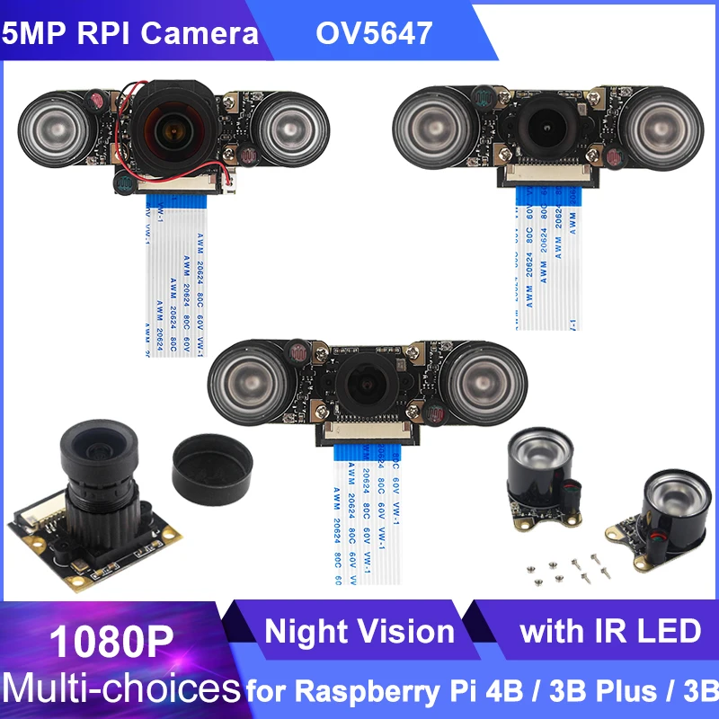 Raspberry Pi Camera 5MP 1080P Optional Night Vision Wide Angle Fisheye Module IR-CUT Webcam for Raspberry Pi 4 Model B 3B Plus