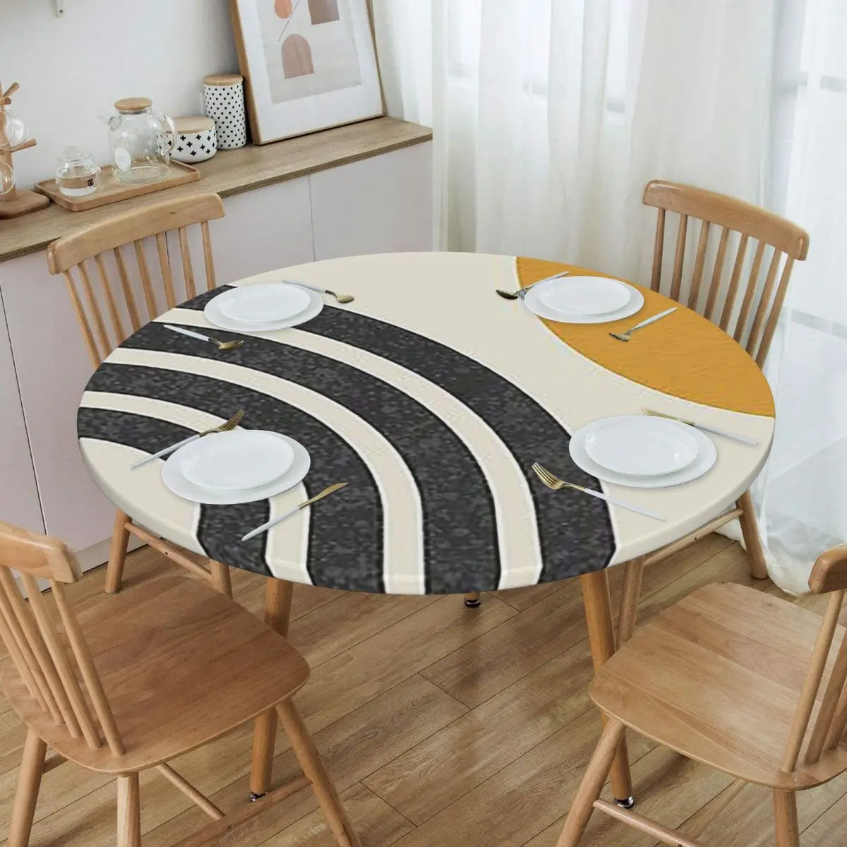 Mid Century Modern Gold - Sun And Rainbow Waterproof Round Tablecloth Oilproof Table Cloth for Kitchen Events Dining Table Cover