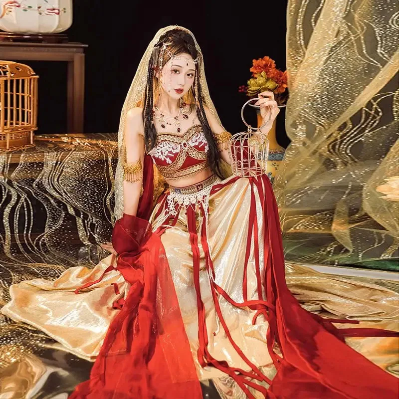 

Новый древний китайский костюм Дуньхуан Файтянь Ханфу в экзотическом стиле, западный регион, танцевальный комплект принцессы, сценический комплект Perfo1; s'6, y; 9'b,5;